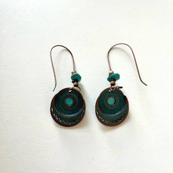 Turquoise Color and Bronze Boho Hippie Earrings - Picture 5 of 6